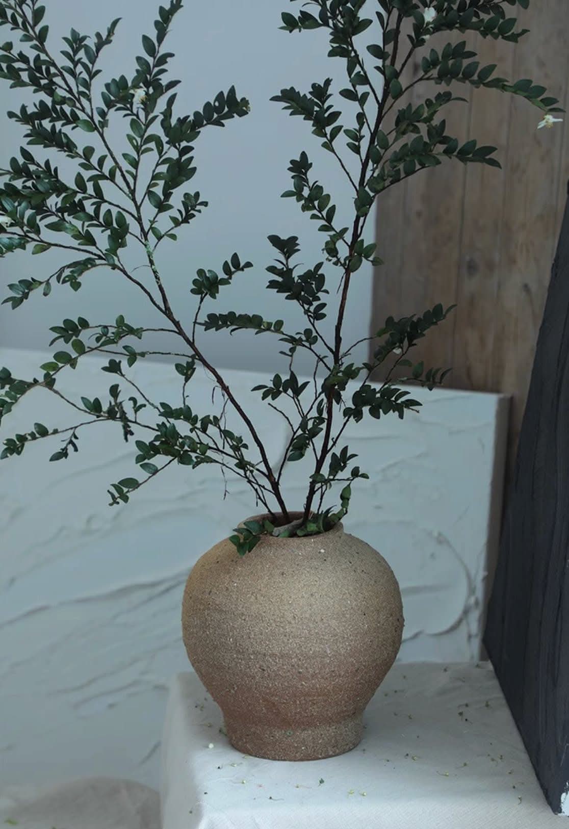 Danish-style rough earthenware vase in beige, holding green branches against a textured background.